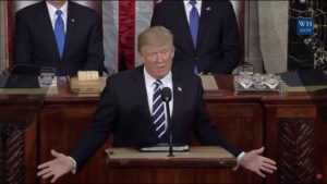 President Donald Trump at lectern in U.S. Congress, giving speech on Feb 28 2017 (color photo)