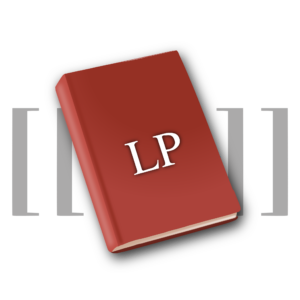 Graphic image of hardcover book in maroon with the text "LP" on its cover; two sets of grey square brackets in the background (graphic image)