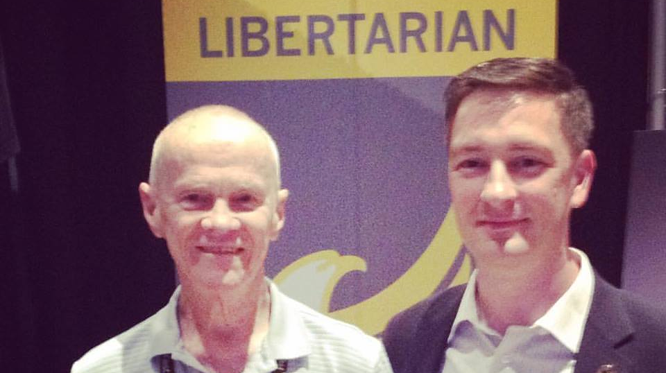 1984 Libertarian Party presidential candidate David Bergland with current LNC Chair Nicholas Sarwark at the 2017 FreedomFest conference in Las Vegas.