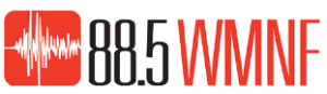 88.5 WMNF public radio logo; red and black; with red & white frequency image (color graphic)
