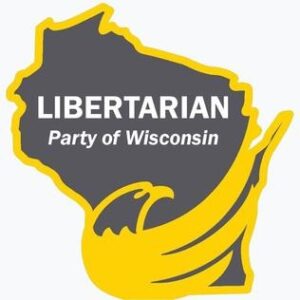 Silhouette of state of wisconsin grey background, yellow outline and eagle-flame logo element; text is 'Libertarian Party of Wisconsin' (color graphic)