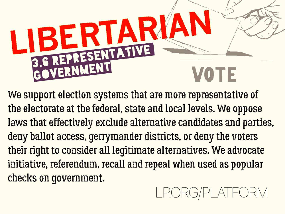 We support election systems that are more representative of the electorate at the federal, state and local levels. As private voluntary groups, political parties should be free to establish their own rules for nomination procedures, primaries and conventions. We call for an end to any tax-financed subsidies to candidates or parties and the repeal of all laws which restrict voluntary financing of election campaigns. We oppose laws that effectively exclude alternative candidates and parties, deny ballot access, gerrymander districts, or deny the voters their right to consider all legitimate alternatives. We advocate initiative, referendum, recall and repeal when used as popular checks on government.