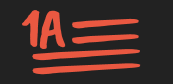 Logo of '1A' show, red elements on black background, shaped like American flag, with text '1A' at upper left, four horizontal stripes emulating the 13 stripes of American flag