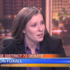Screen image of Libertarian Alison Foxall seated during televised debate on ABC7 TV, text on screen 'House District 72 debate; Alison Foxall; Libertarian Candidate'; wearing purple collared shirt and dark blazer.; speaking and facing off-camera host at her left (color image)