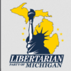 Lady Liberty silhouette in front of yellow MIchigan map silhouette, with text 'Libertarian party of Michigan' (color graphic)