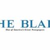 Masthead of 'The Toledo Blade' newspaper, blue text on white background, plus tagline 'One of America's Great Newspapers' (color graphic)