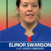 View of TV screen with Elinor Swanson wearing blue blazer red blouse, studio backdrop is abstract large US flag, label on TV screen 'Elinor Swanson' and 'L-U.S. House candidate' (color image)