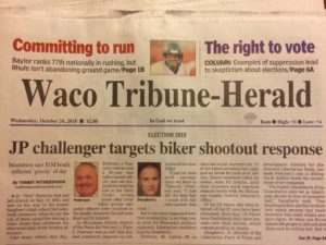 Newspaper front page with masthead Waco Trubune-Herald and headline challlenger targets biker shortcut resp